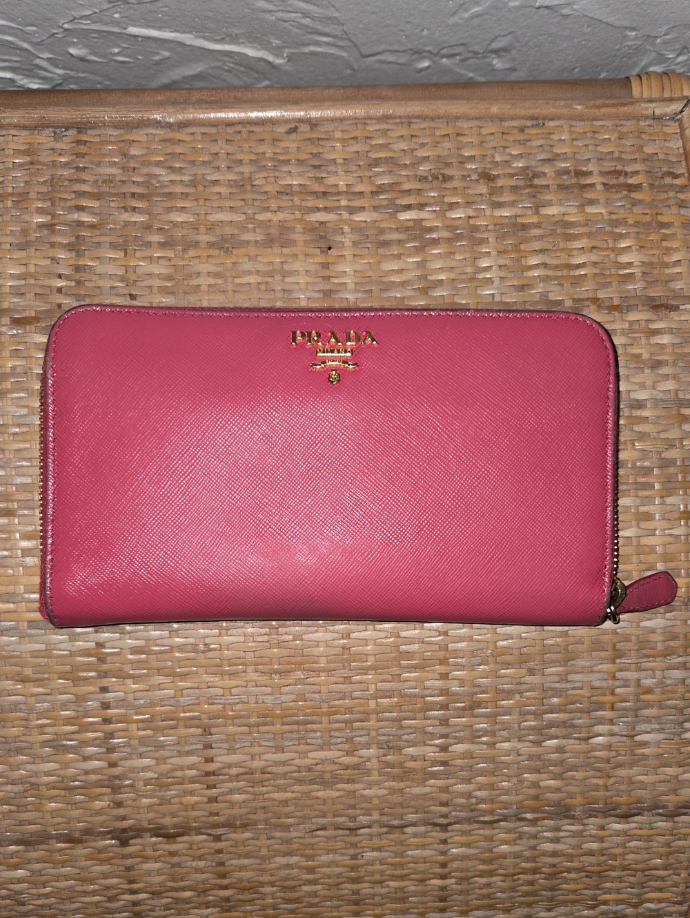 Prada Saffiano Leather Zip Wallet in Hot Pink with Gold Logo